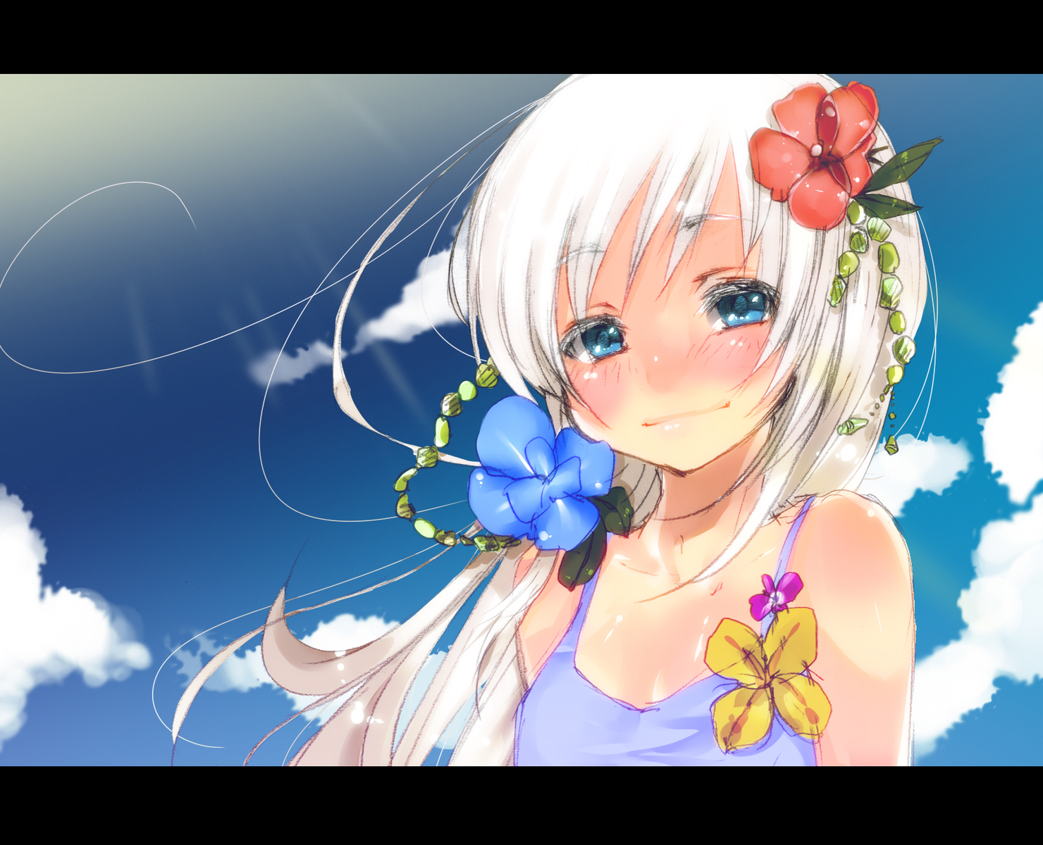 blue_eyes, blush, clouds, dancho_(dancyo), flowers, original, sky, white_hair