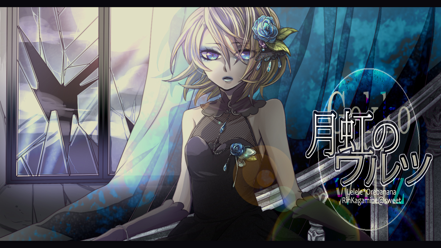 dress, elbow_gloves, flowers, gloves, kagamine_rin, rose, semaru, vocaloid