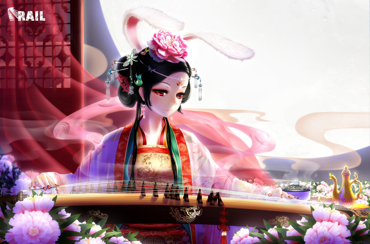 animal_ears, black_hair, bunny_ears, bunnygirl, chinese_clothes, flowers, instrument, moon