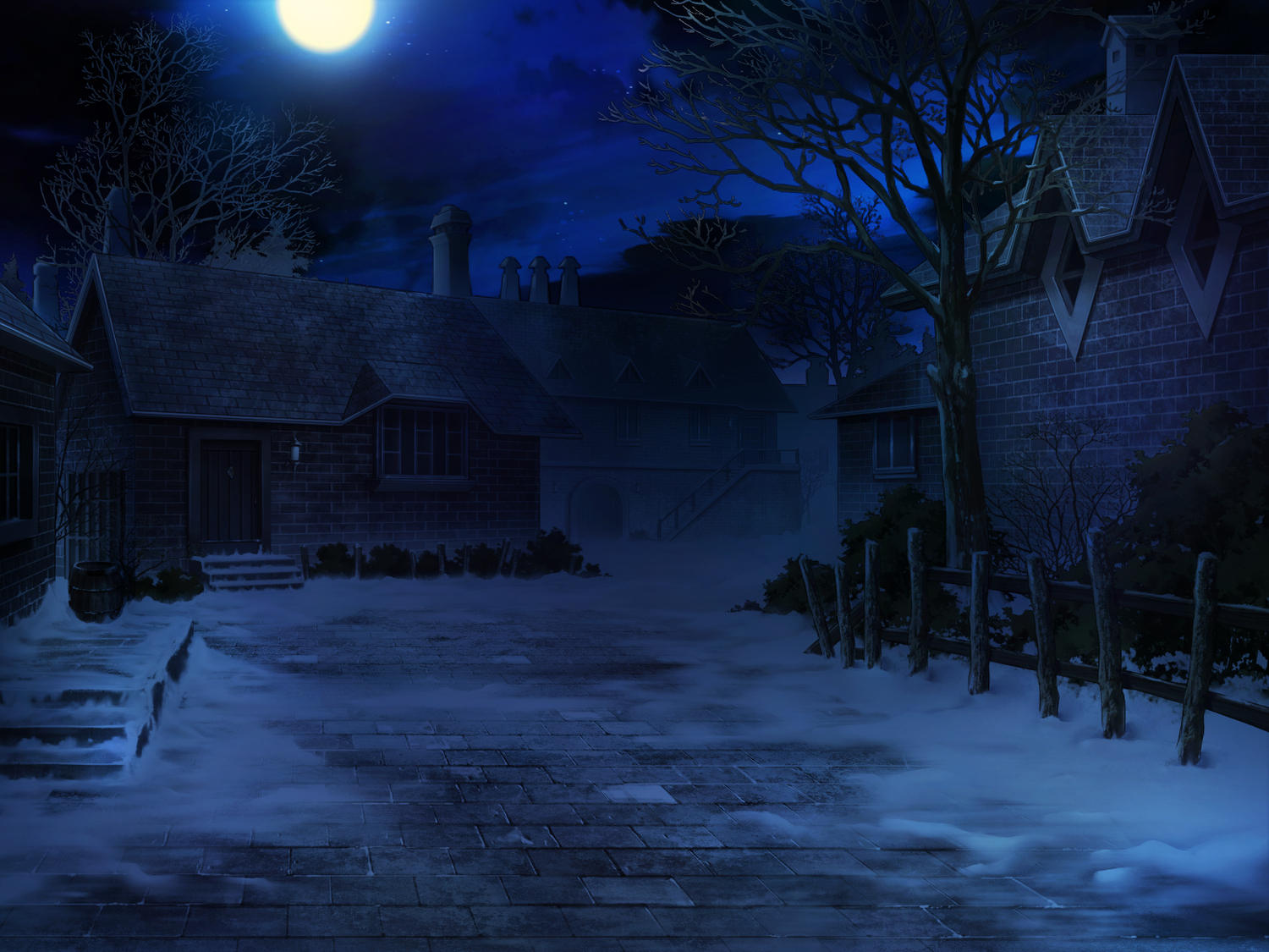 building, game_cg, mitsuki_mantarou, moon, night, no_humans, otome_renshin_prister, scenic, snow, tree