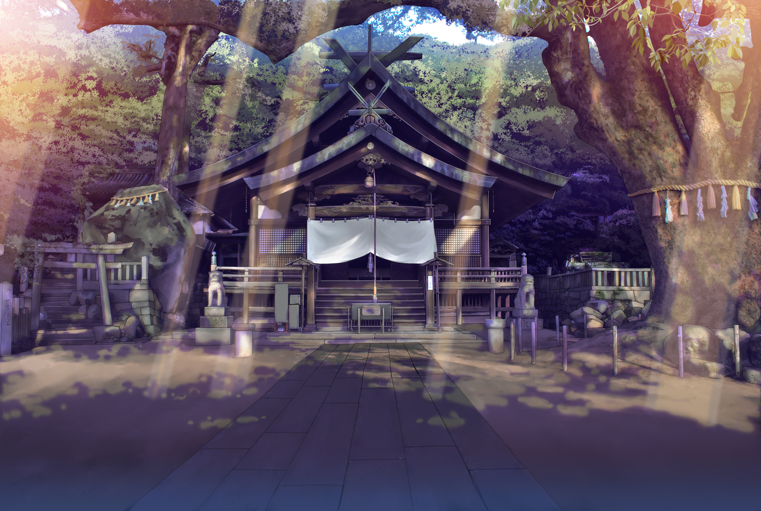 building, forest, landscape, no_humans, scenic, shrine, stairs, teirumon, torii, tree