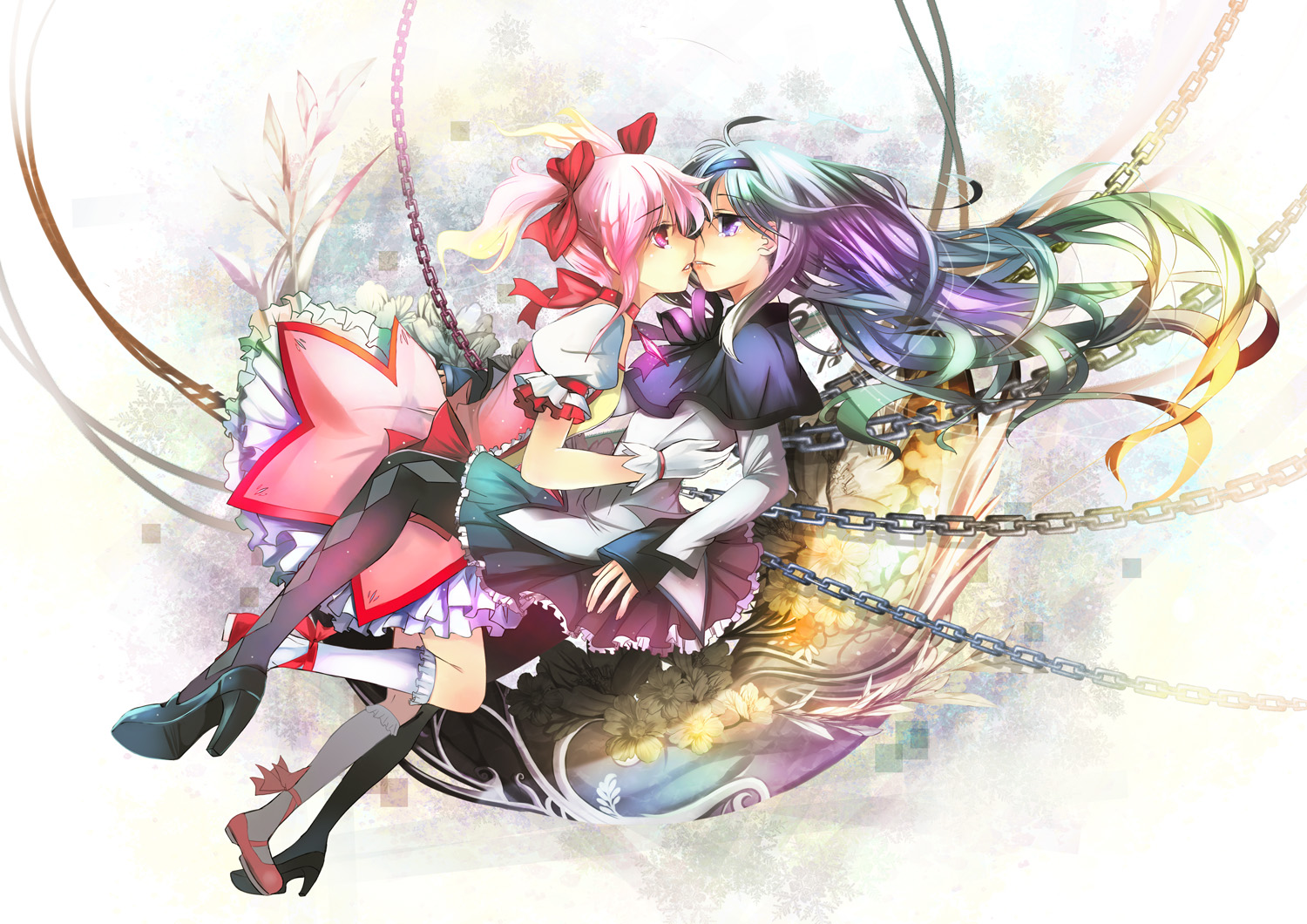 2girls, akemi_homura, chain, dress, flowers, fuyouchu, gloves, headband