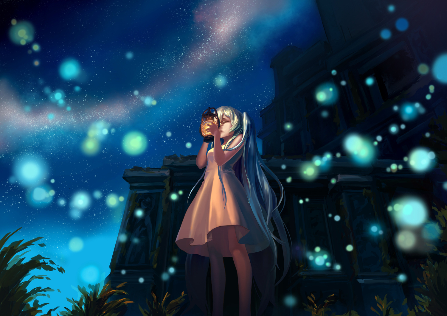 green_hair, hatsune_miku, long_hair, mizukai, night, sky, stars, twintails, vocaloid