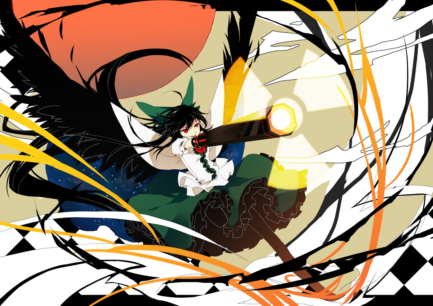black_hair, long_hair, red_eyes, reiuji_utsuho, shion_(mamuring), touhou, weapon, wings