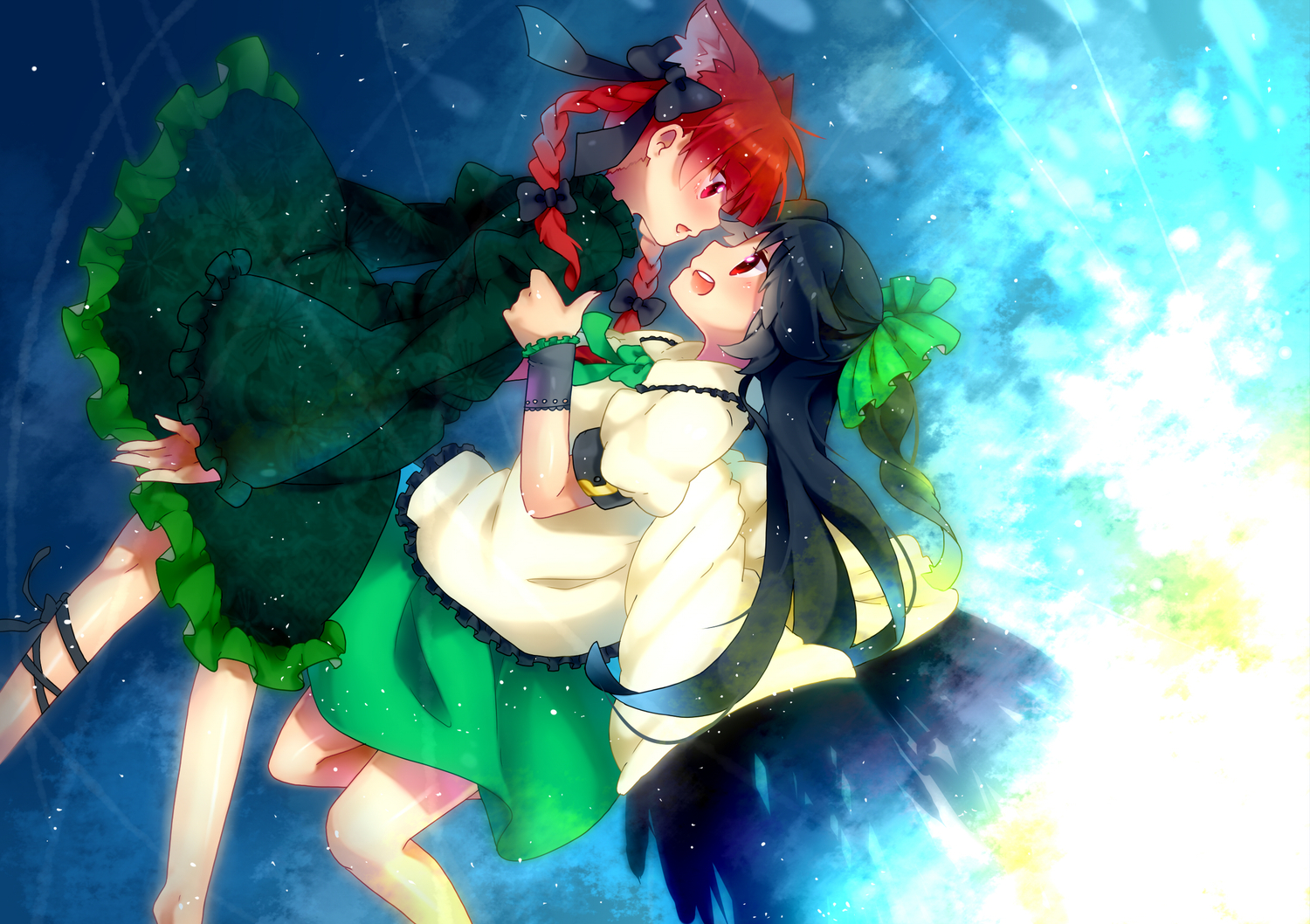 2girls, animal_ears, black_hair, catgirl, kaenbyou_rin, long_hair, oroshisenbei, red_eyes, red_hair, reiuji_utsuho, short_hair, touhou, twintails, wings