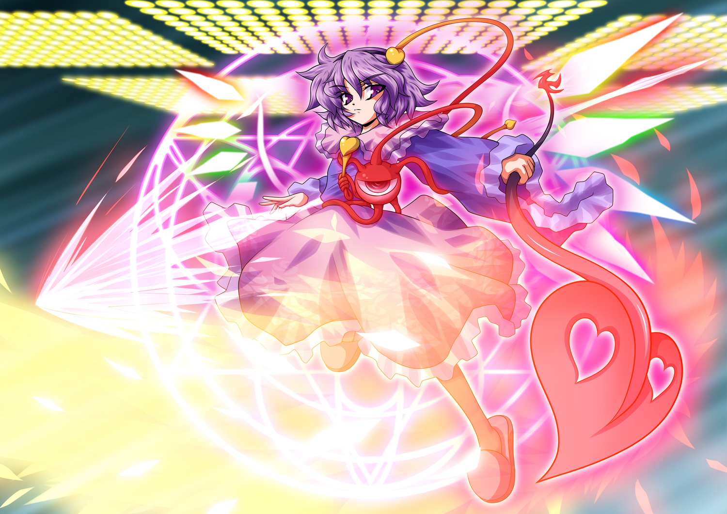 fue_(fuef), komeiji_satori, magic, purple_eyes, purple_hair, short_hair, spear, touhou, weapon, wings