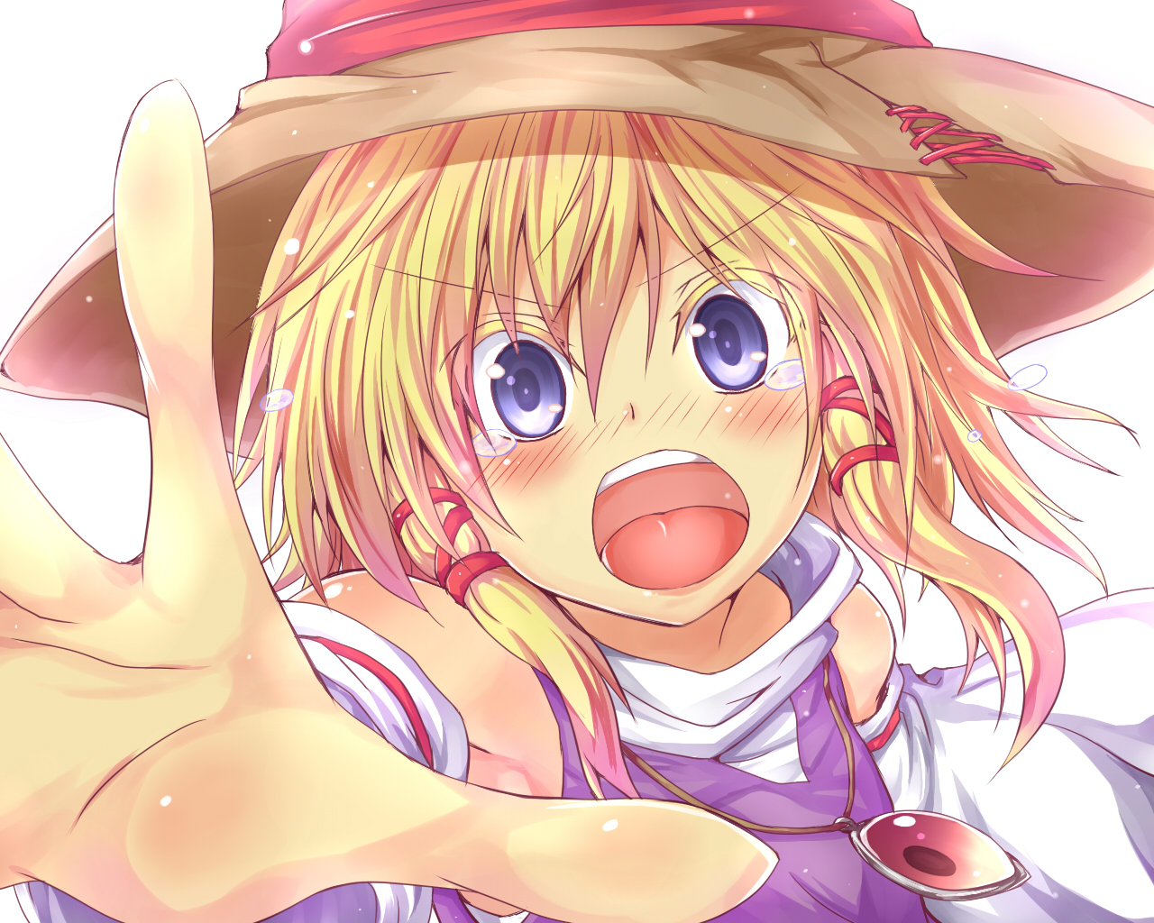 blonde_hair, blue_eyes, blush, close, hat, moriya_suwako, oukawa_yuu, short_hair