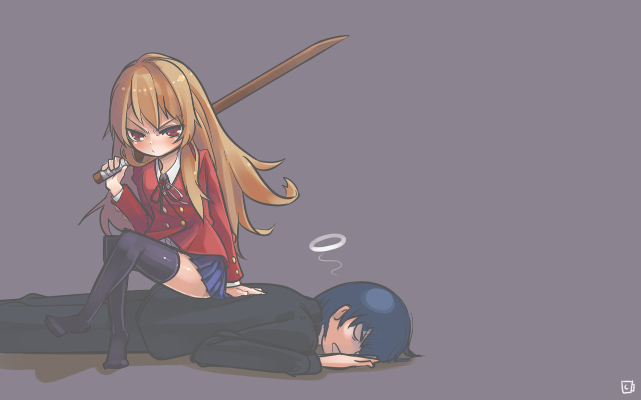 aisaka_taiga, blue_hair, brown_eyes, brown_hair, katana, long_hair, mugcan, school_uniform, short_hair, sword, takasu_ryuuji, thighhighs, toradora, weapon