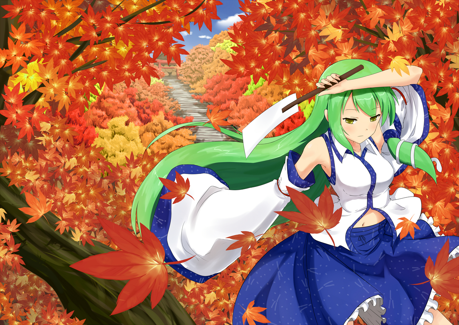 autumn, green_hair, japanese_clothes, kochiya_sanae, leaves, long_hair, miko, orange-pengin, touhou, yellow_eyes