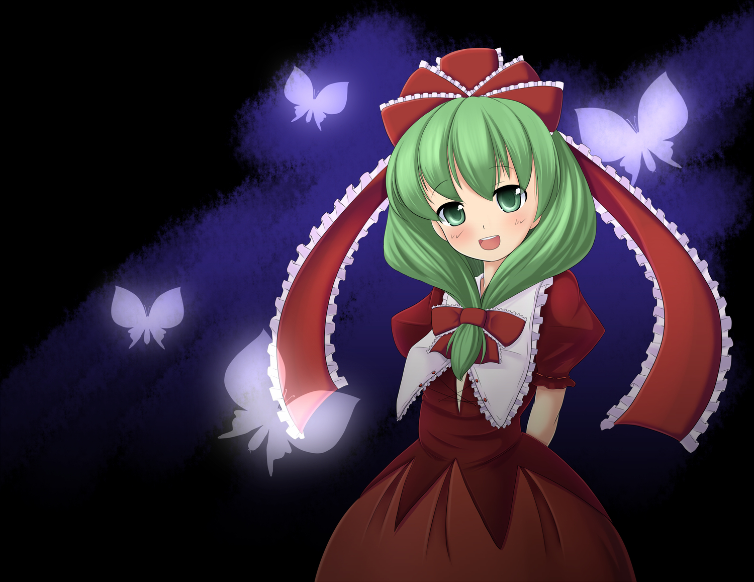 bow, butterfly, dress, green_eyes, green_hair, kagiyama_hina, touhou, tyuuten