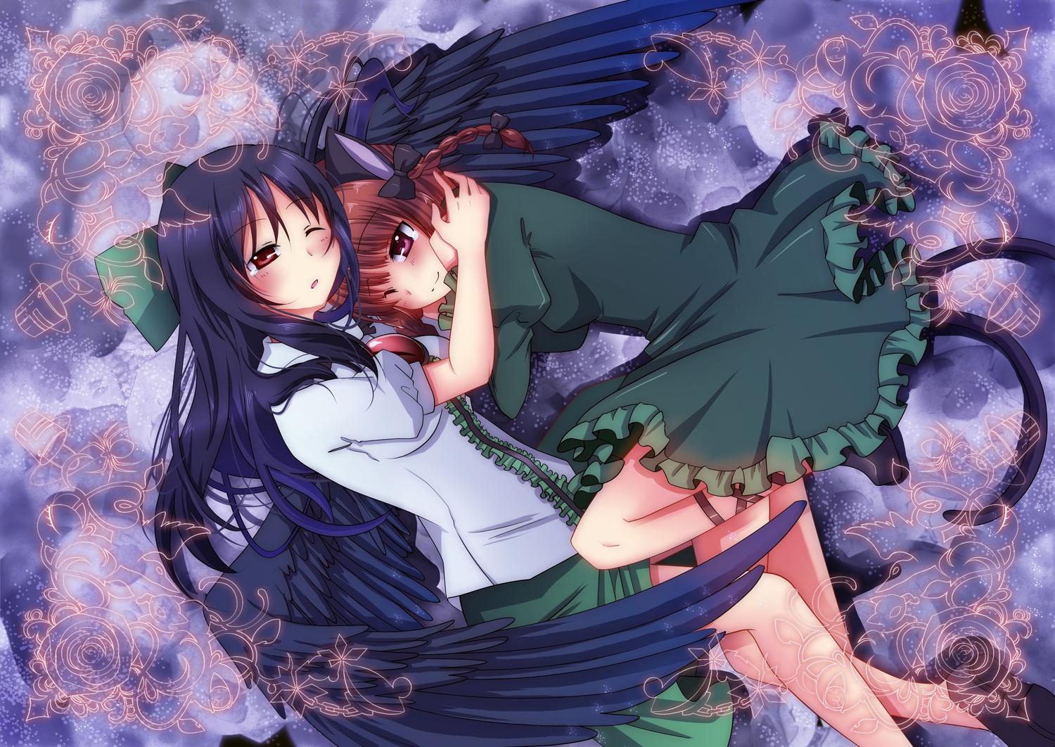 2girls, amagumo, animal_ears, black_hair, blush, catgirl, kaenbyou_rin, multiple_tails, red_eyes, red_hair, reiuji_utsuho, tail, touhou