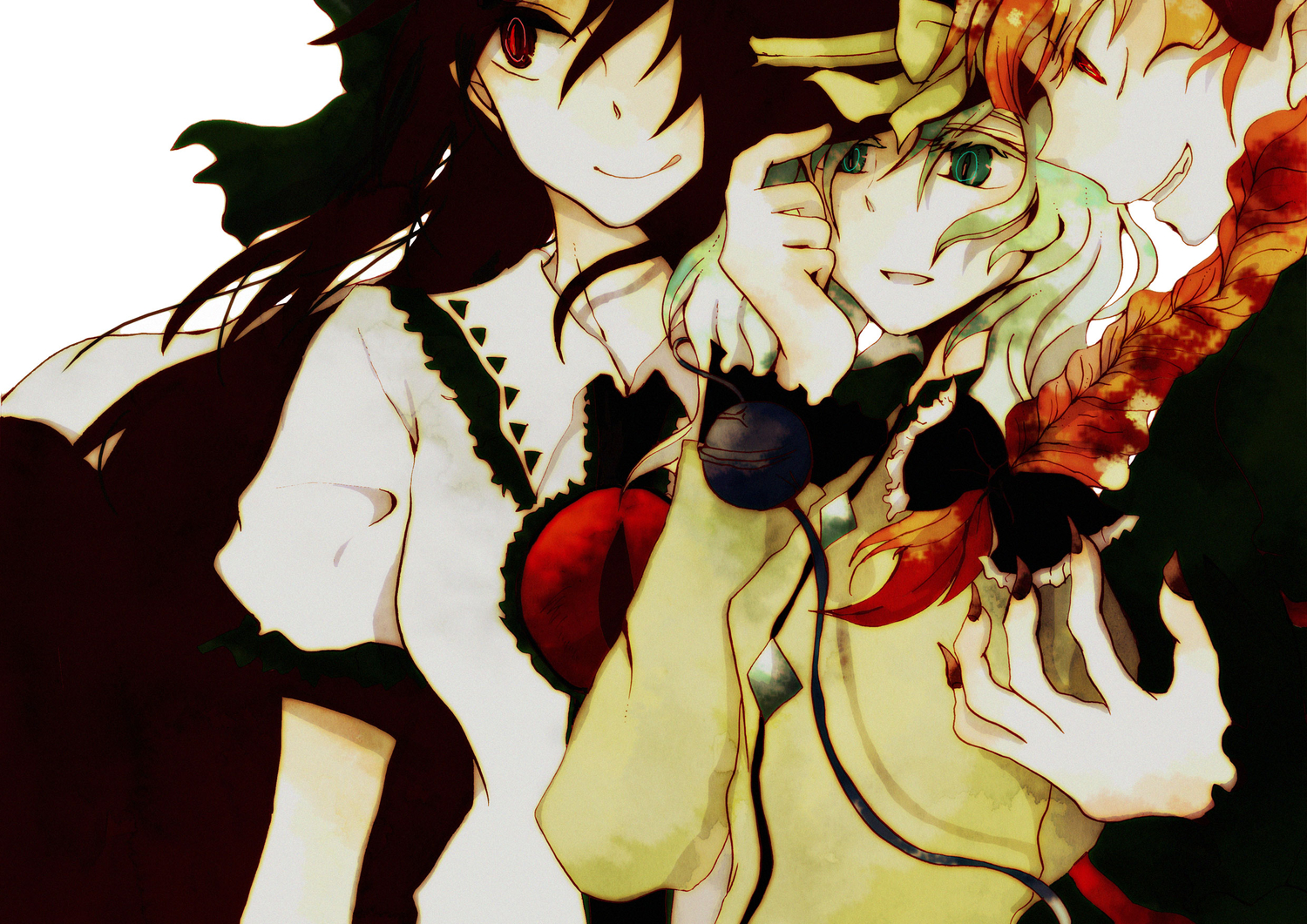 black_hair, catgirl, hat, kaenbyou_rin, komeiji_koishi, long_hair, red_eyes, red_hair, reiuji_utsuho, short_hair, touhou, yoka