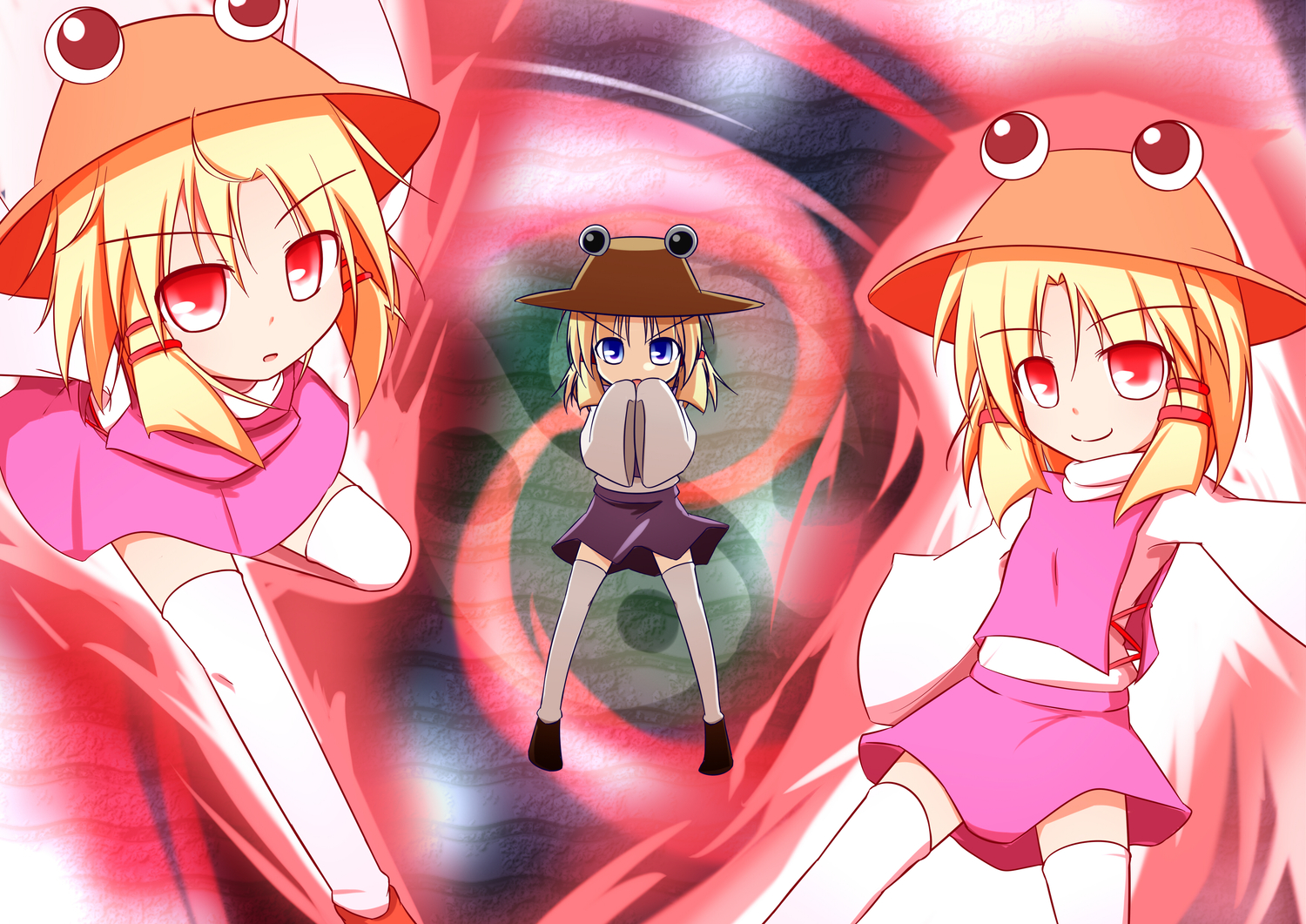 baku_ph, blonde_hair, blue_eyes, hat, moriya_suwako, red_eyes, short_hair, thighhighs