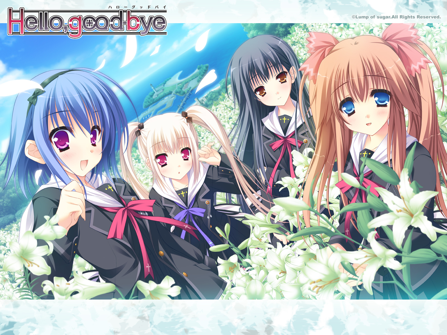 flowers, group, hello_good-bye, hiiragi_koharu, moekibara_fumitake, rindou_natsume, saotome_suguri, school_uniform