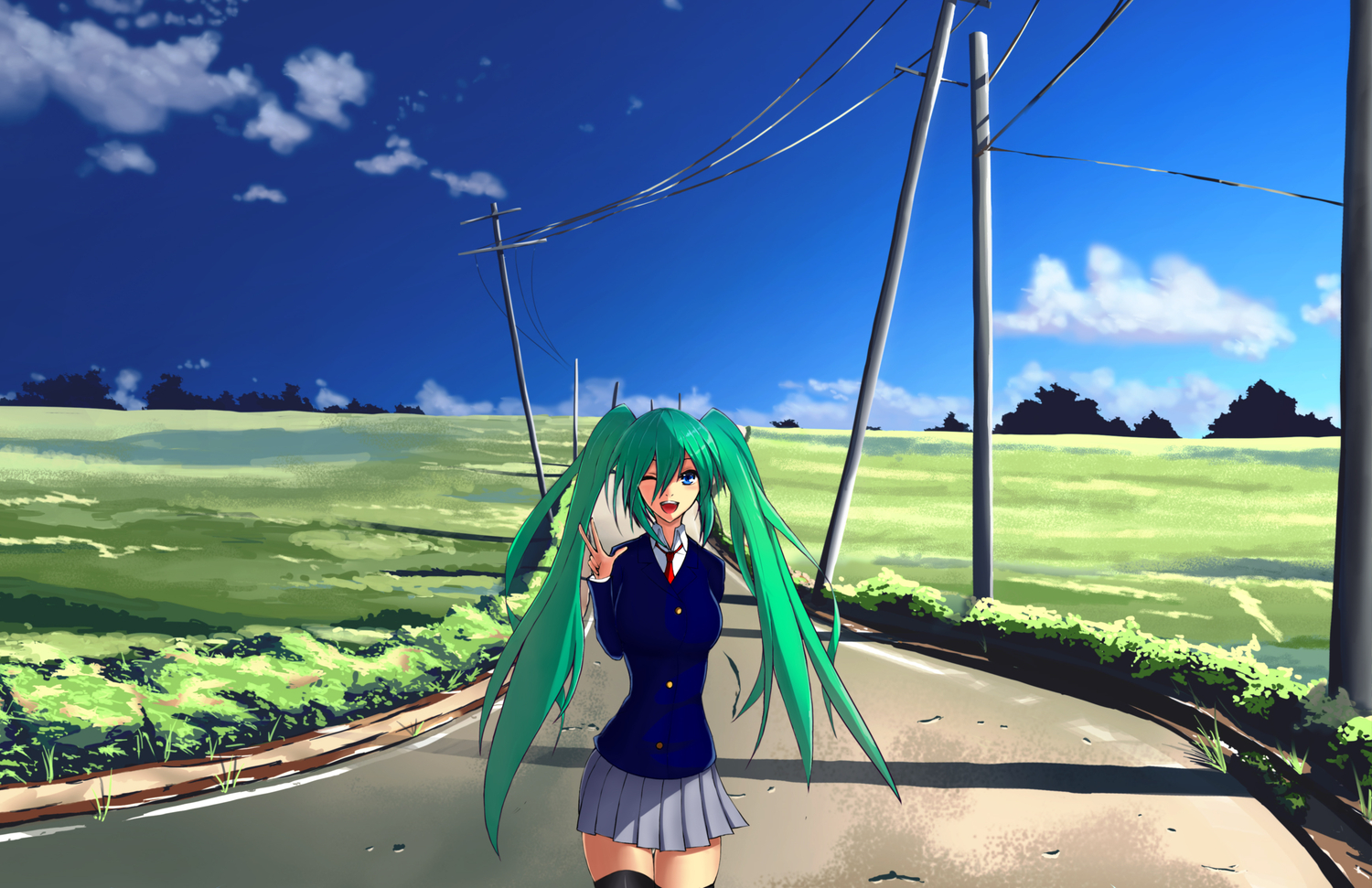 akatsuki_ikki, aqua_hair, blue_eyes, clouds, hatsune_miku, landscape, long_hair, scenic