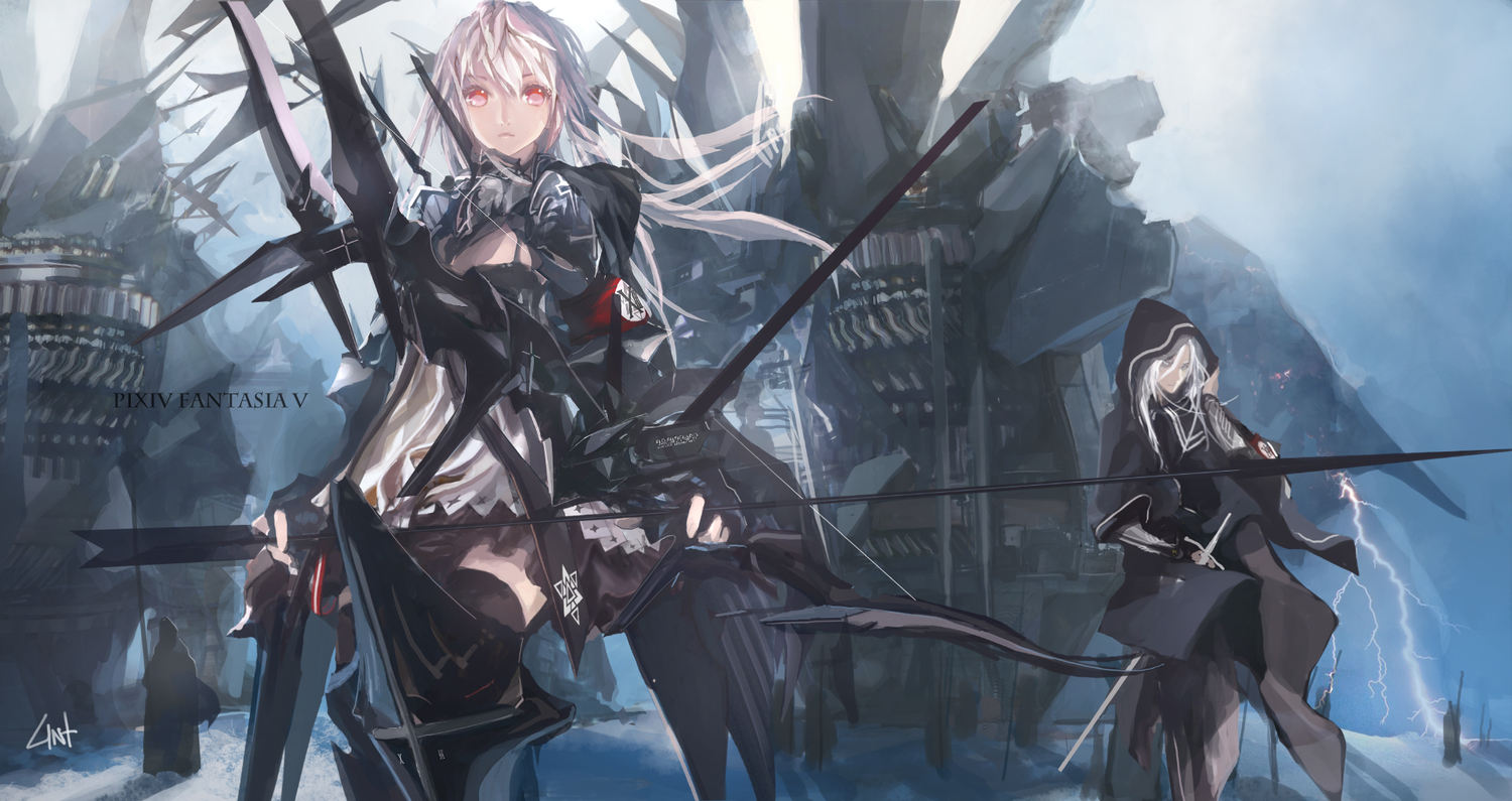 armor, bow_(weapon), building, ithil, lin+, long_hair, original, pink_hair