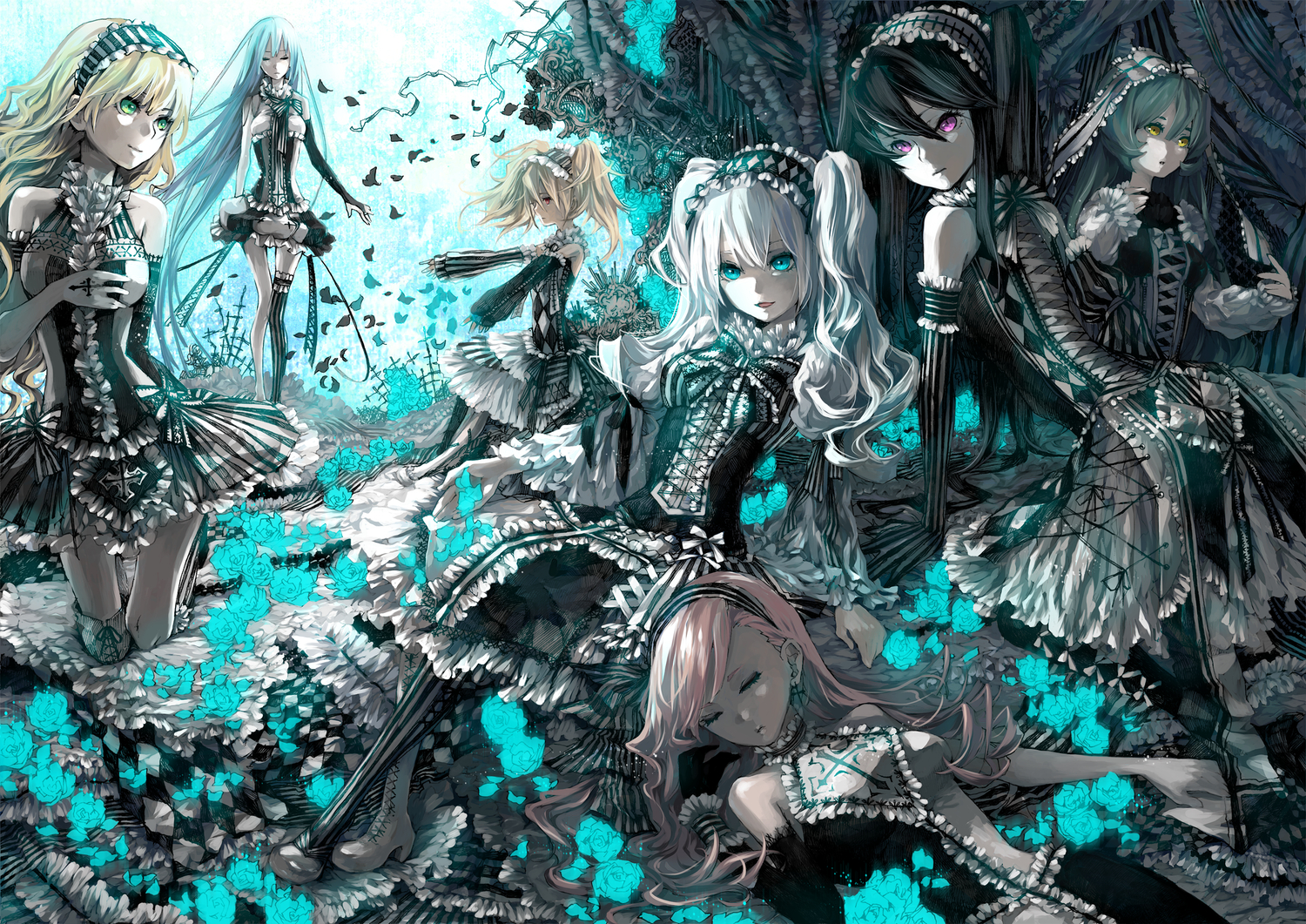 bonnou-s-rice, dress, flowers, gothic, long_hair, original, petals, twintails