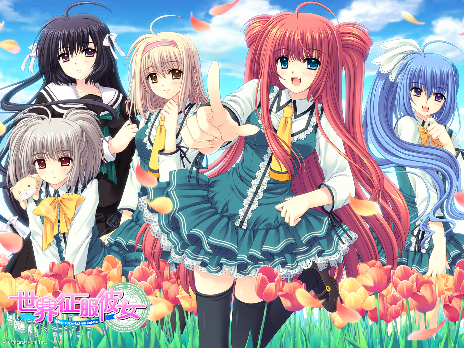 flowers, group, hananomiya_ako, kona_nako, munemoto_tsubakiko, nishimata_aoi, school_uniform, sekai_seifuku_kanojo