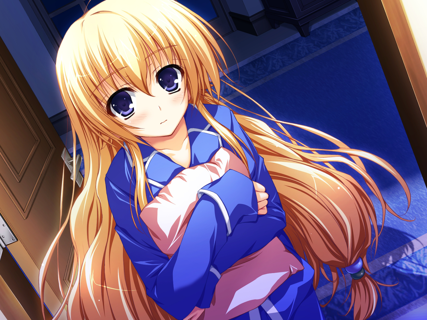 akatsuki_no_goei, blonde_hair, blue_eyes, game_cg, kurayashiki_tae, long_hair, pajamas, syangrila