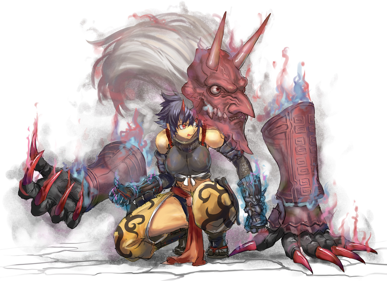 black_hair, fire, horns, magic, original, pixiv_fantasia, pointed_ears, ran'ou_(tamago_no_kimi)