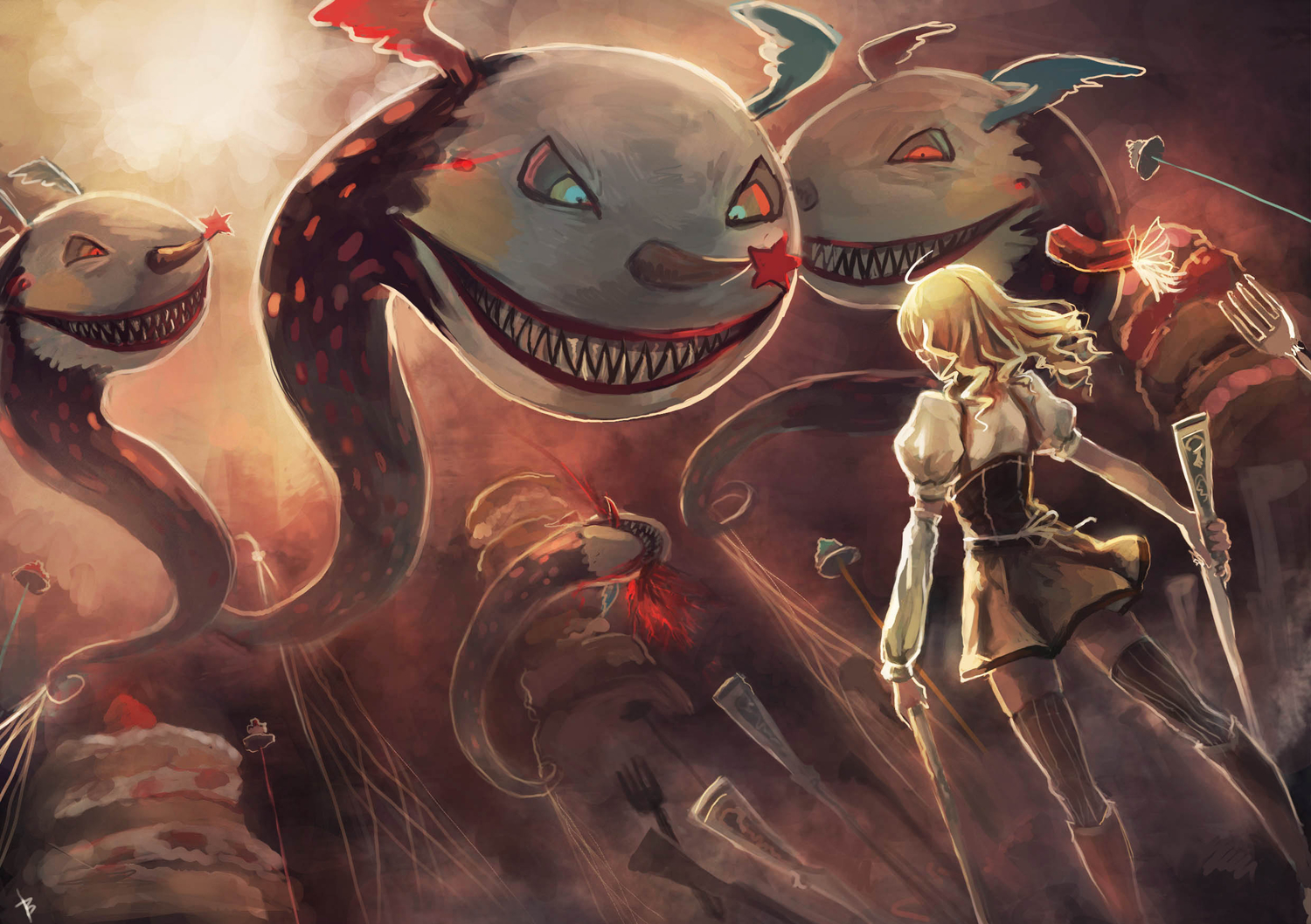 blonde_hair, boots, bryanth, cake, charlotte_(mahou_shoujo_madoka_magica), food, gun, jpeg_artifacts