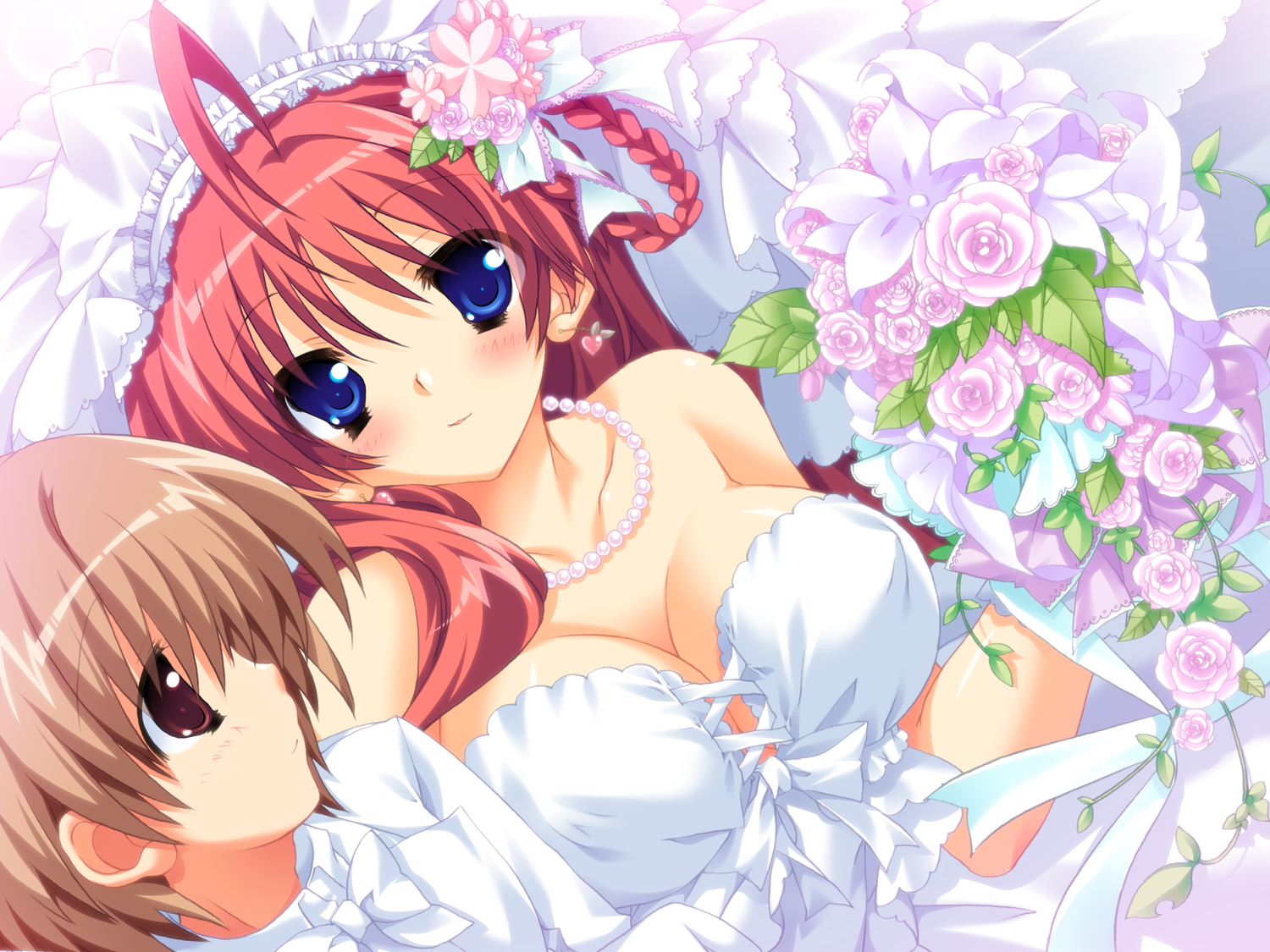 anekano, blue_eyes, breasts, brown_eyes, brown_hair, chococo, cleavage, game_cg, moo_(umineko), noyama_kaede, noyama_ringo, red_hair, wedding_attire