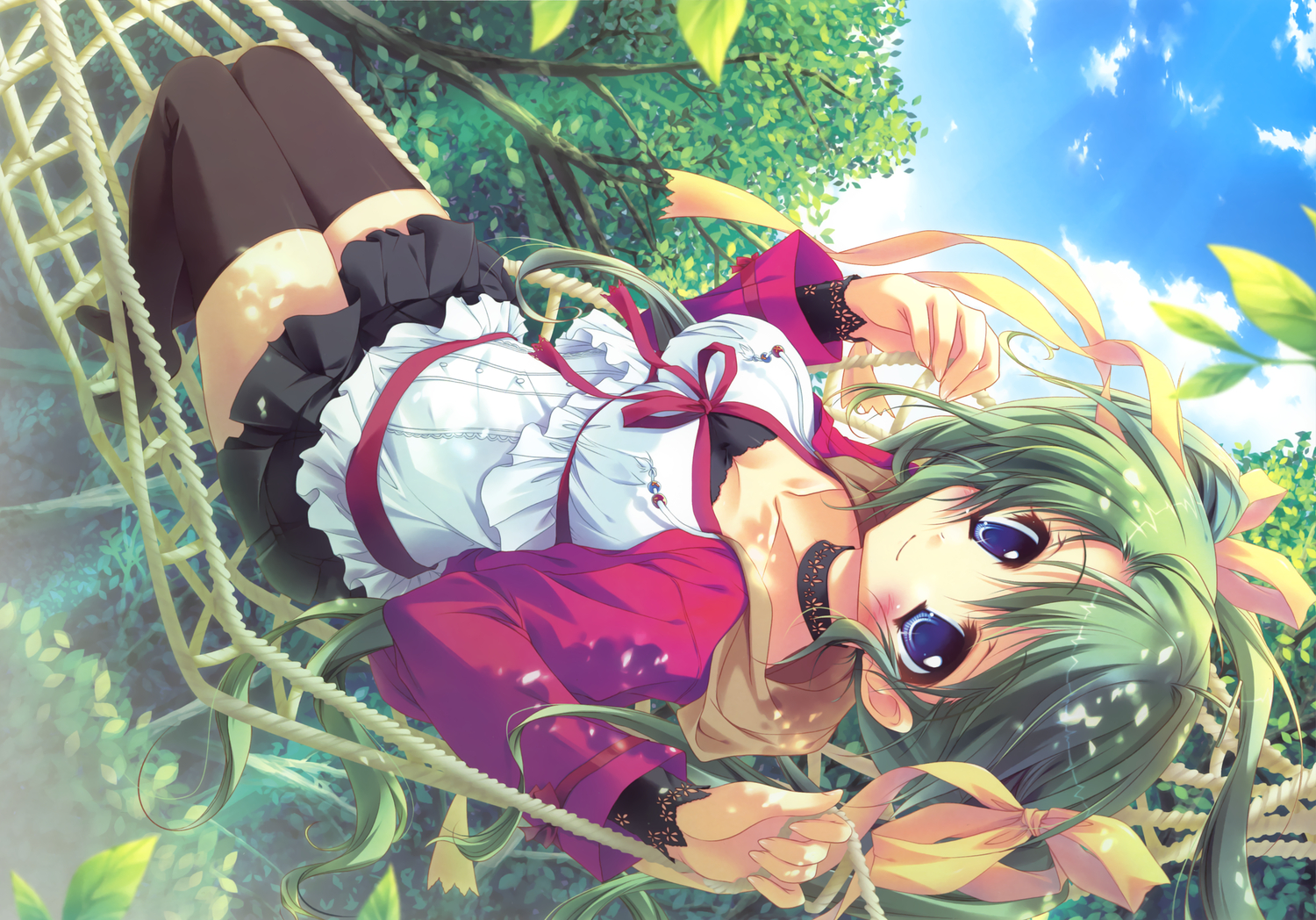 blue_eyes, green_hair, izumi_tsubasu, melon-chan, melonbooks, short_hair, thighhighs, tree