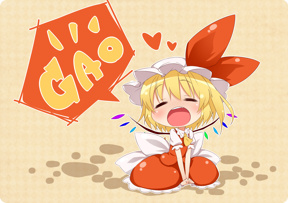 blonde_hair, chibi, fang, flandre_scarlet, hat, jigatei_(omijin), touhou, vampire, wings