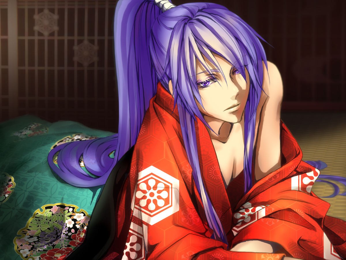 all_male, japanese_clothes, kamui_gakupo, long_hair, male, ponytail, purple_eyes, purple_hair