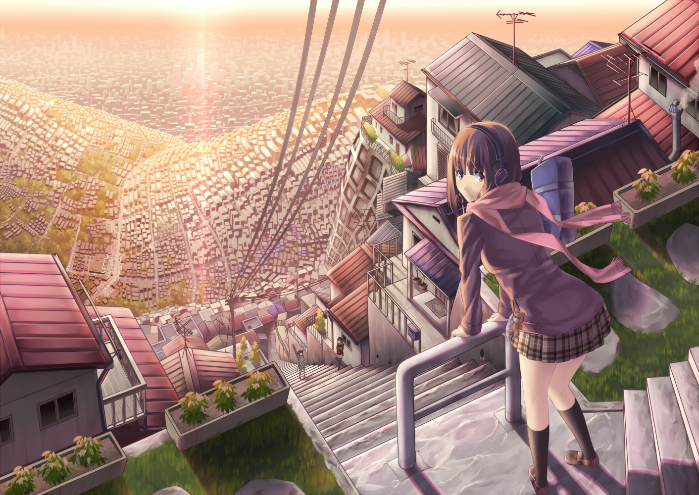 brown_eyes, brown_hair, building, city, headphones, izumi_sai, landscape, original