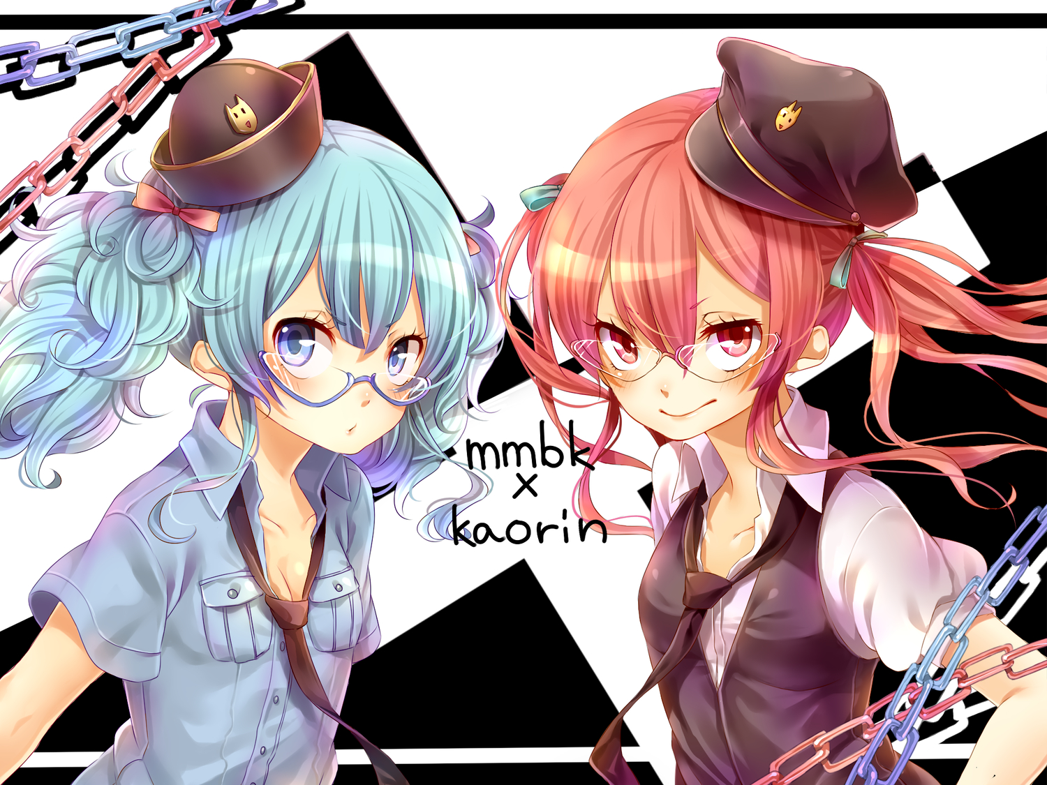 aihara_kaori, aqua_hair, blue_eyes, chain, glasses, himitsu_keisatsu_(vocaloid), momo_bako, original