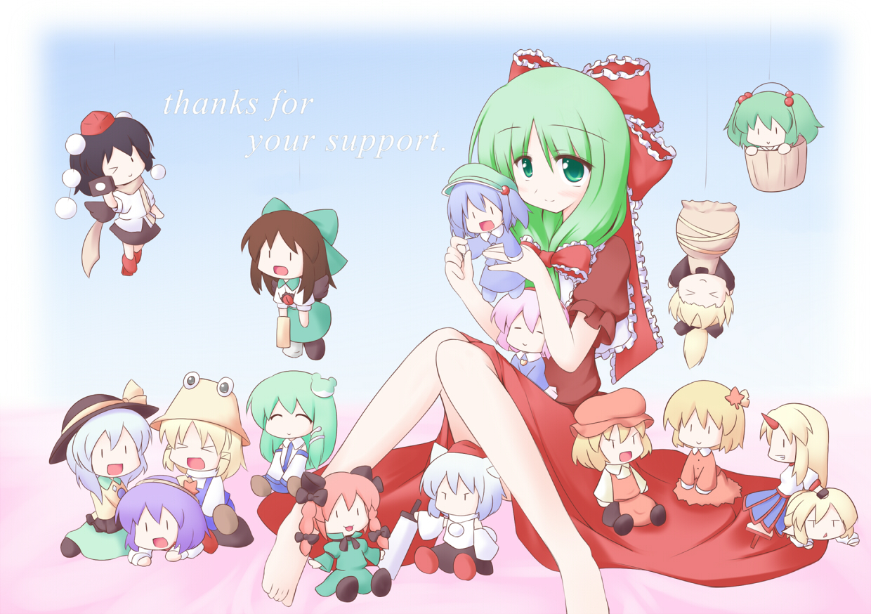 aki_minoriko, aki_shizuha, catgirl, chibi, gradient, hoshiguma_yuugi, inubashiri_momiji, kaenbyou_rin, kagiyama_hina, kawashiro_nitori, kisume, komeiji_koishi, komeiji_satori, kurodani_yamame, miyo_(miyomiyo01), mizuhashi_parsee, moriya_suwako, reiuji_utsuho, shameimaru_aya, touhou, wolfgirl, yasaka_kanako