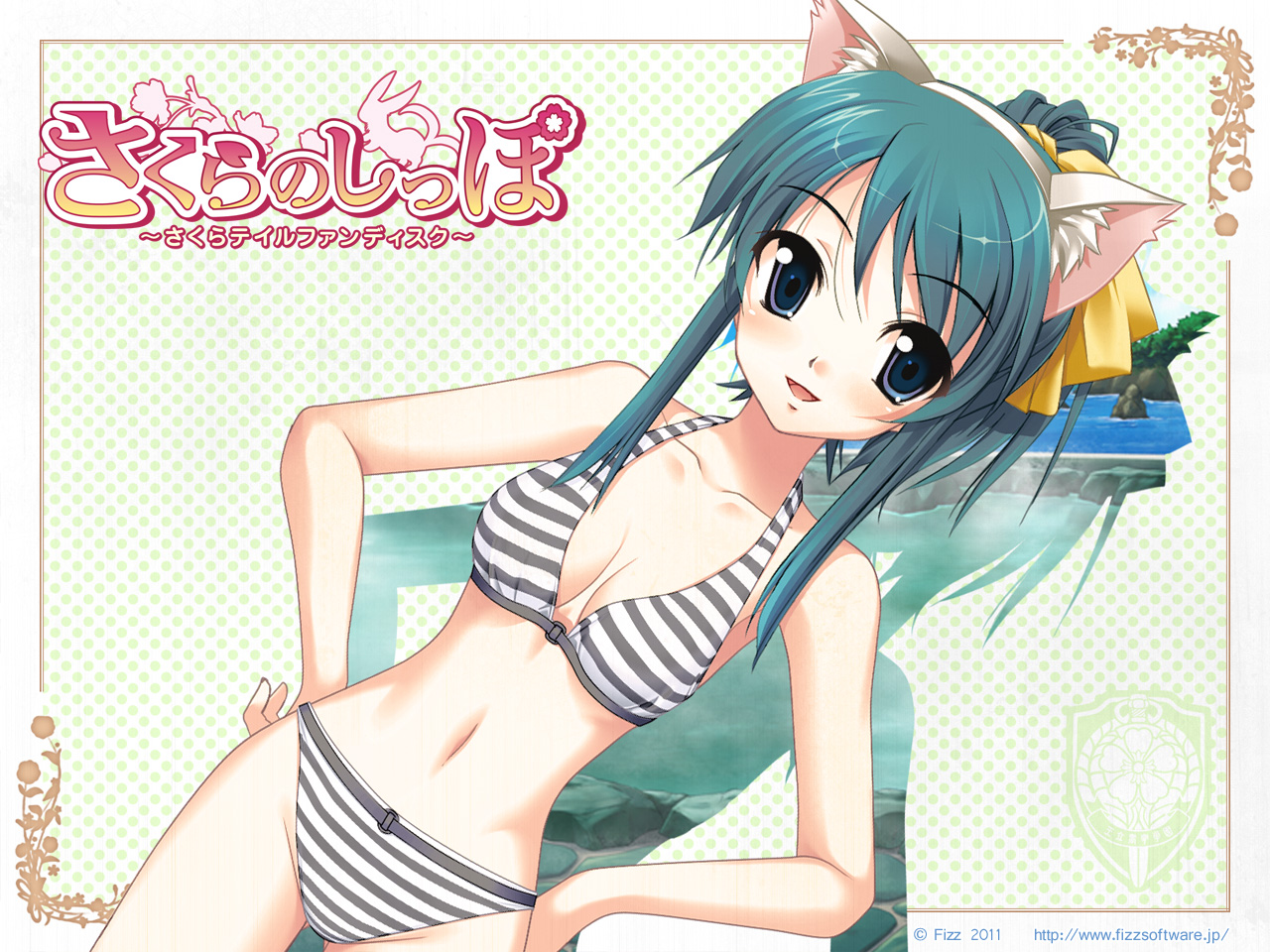 animal_ears, bikini, blue_eyes, blue_hair, blush, breasts, cleavage, fizz