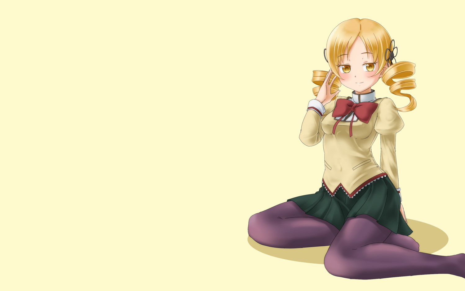 blonde_hair, kuri_youkan, mahou_shoujo_madoka_magica, pantyhose, school_uniform, skirt, tomoe_mami, yellow, yellow_eyes