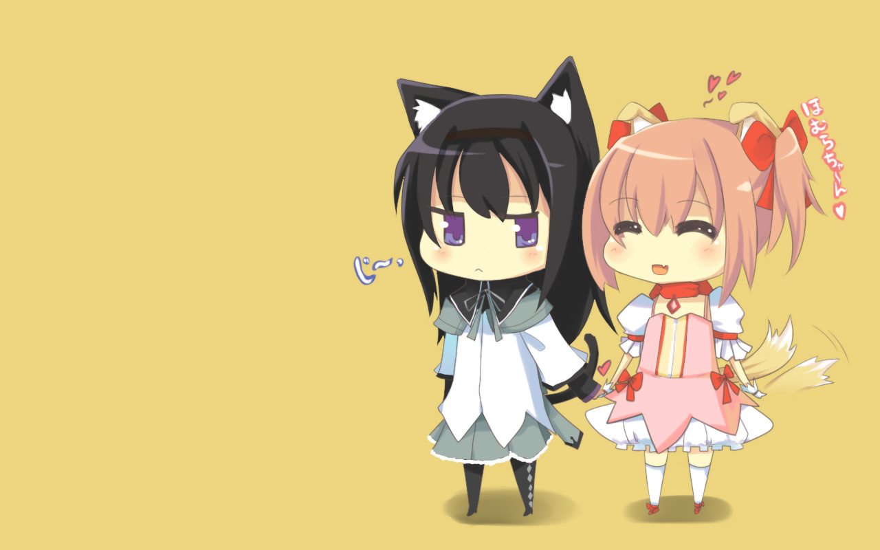 2girls, akemi_homura, animal_ears, black_hair, blush, catgirl, chibi, doggirl
