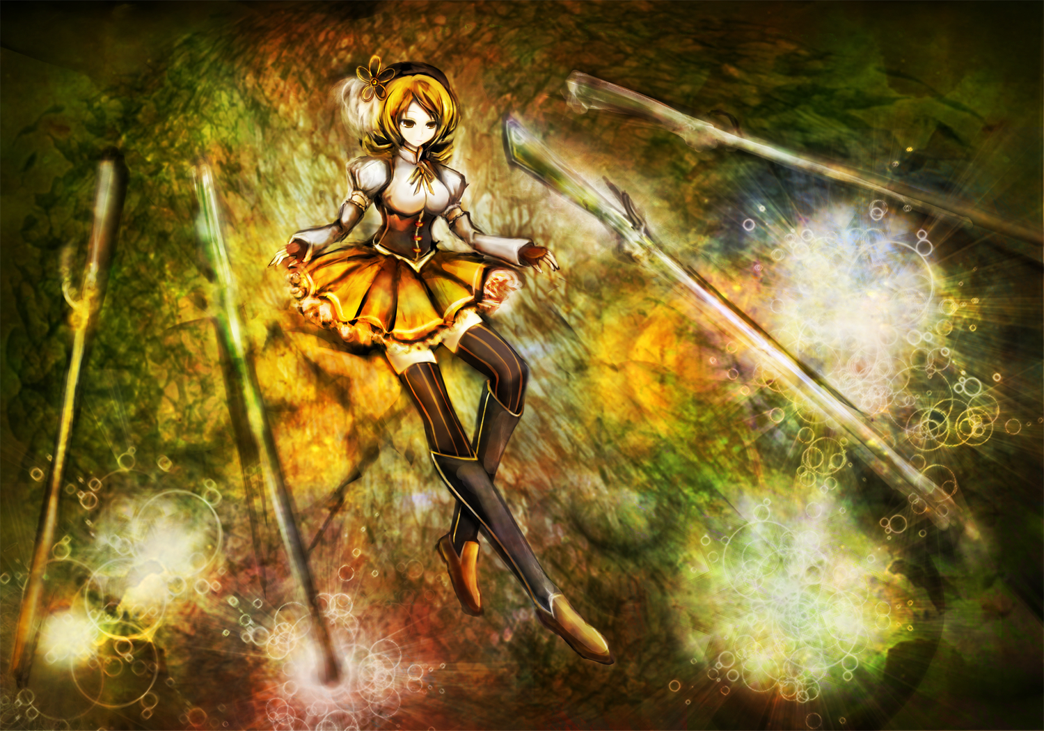 blonde_hair, boots, dress, gloves, gun, hat, mahou_shoujo_madoka_magica, teropu, thighhighs, tomoe_mami, weapon, yellow_eyes