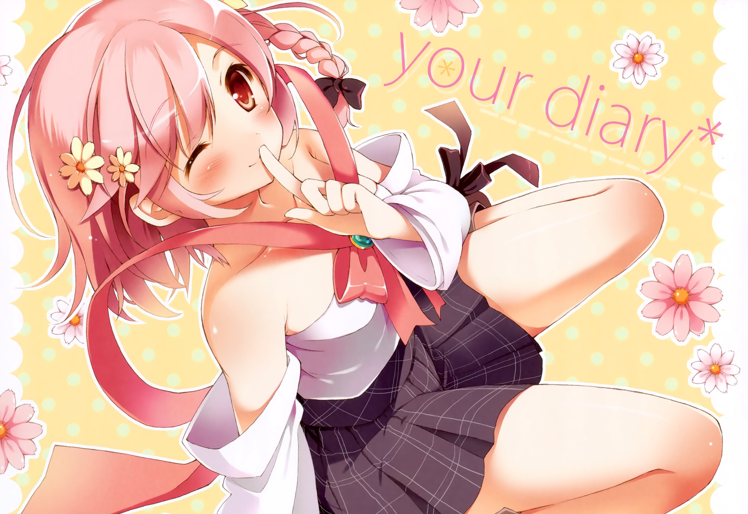 blush, cube, inugahora_an, pink_hair, scan, short_hair, wink, your_diary