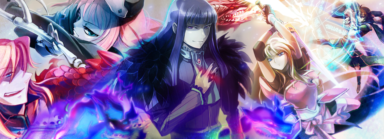 aoida, aqua_eyes, armor, blonde_hair, blue_eyes, brown_hair, densetsu_no_yuusha_no_densetsu, dualscreen, ferris_eris, gloves, kuu_orla, long_hair, magic, male, miran_froaude, pink_hair, purple_eyes, purple_hair, red_eyes, ryner_lute, scythe, short_hair, sui_orla, sword, weapon