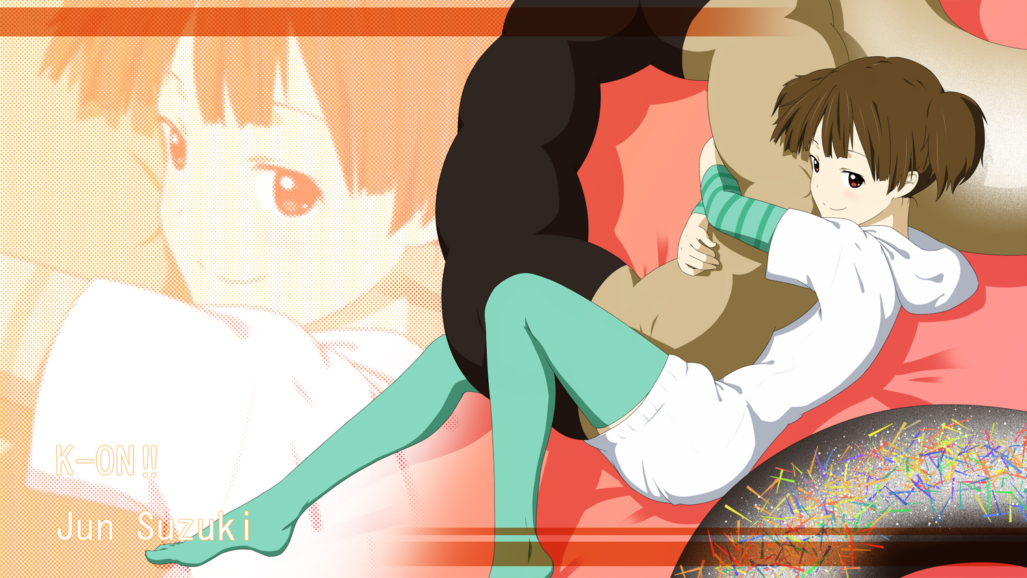 brown_eyes, brown_hair, k-on!, niwatazumi, short_hair, suzuki_jun, thighhighs, twintails, zoom_layer