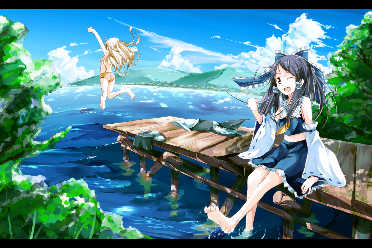 2girls, barefoot, bikini, black_hair, blonde_hair, clouds, hakurei_reimu, japanese_clothes, kirisame_marisa, long_hair, miko, sky, swimsuit, touhou, water, wink, yoshinaga_p
