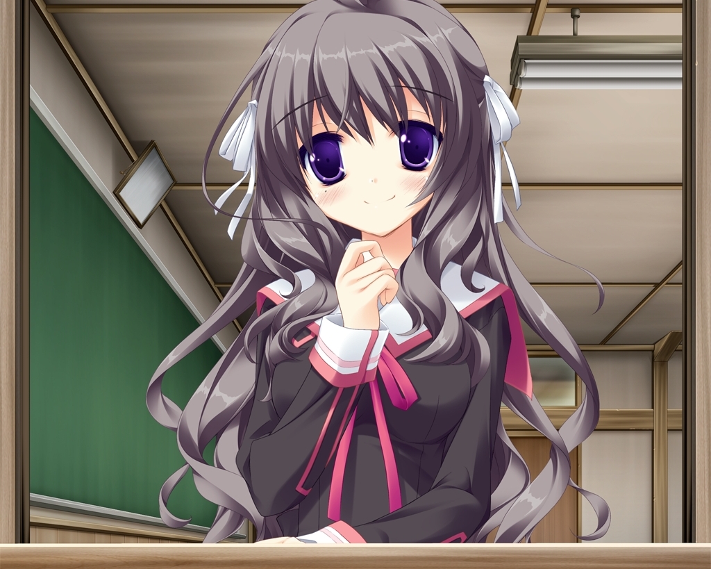 game_cg, gray_hair, koiiro_soramoyou, long_hair, lucie, purple_eyes, ribbons, school_uniform