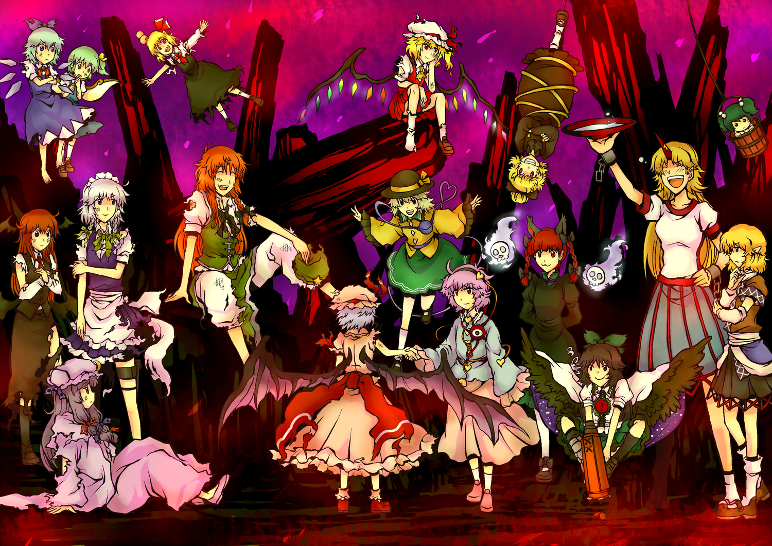 animal_ears, catgirl, cirno, daiyousei, demon, fairy, flandre_scarlet, group, hong_meiling, hoshiguma_yuugi, izayoi_sakuya, kaenbyou_rin, kisume, koakuma, komeiji_koishi, komeiji_satori, kurodani_yamame, maid, mizuhashi_parsee, patchouli_knowledge, pointed_ears, reiuji_utsuho, remilia_scarlet, rumia, torn_clothes, touhou, vampire, yagimiwa