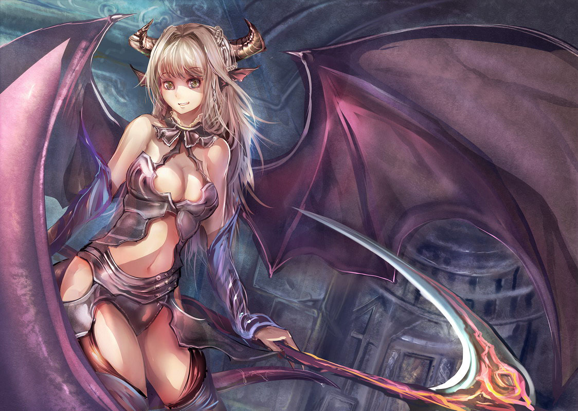 breasts, cleavage, horns, original, scythe, suoni_(deeperocean), tail, weapon, wings, yellow_eyes
