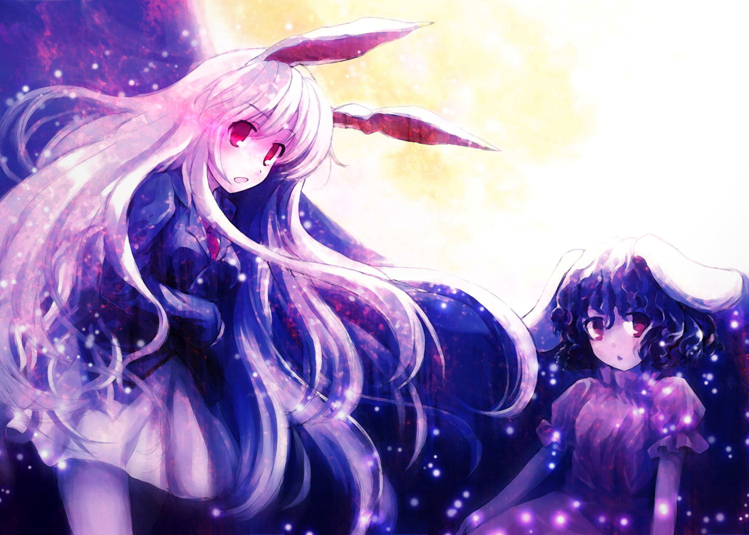 2girls, animal_ears, black_hair, bunny_ears, bunnygirl, ikmg, inaba_tewi, long_hair, moon, night, pink_eyes, purple_hair, red_eyes, reisen_udongein_inaba, short_hair, sky, touhou, white_hair