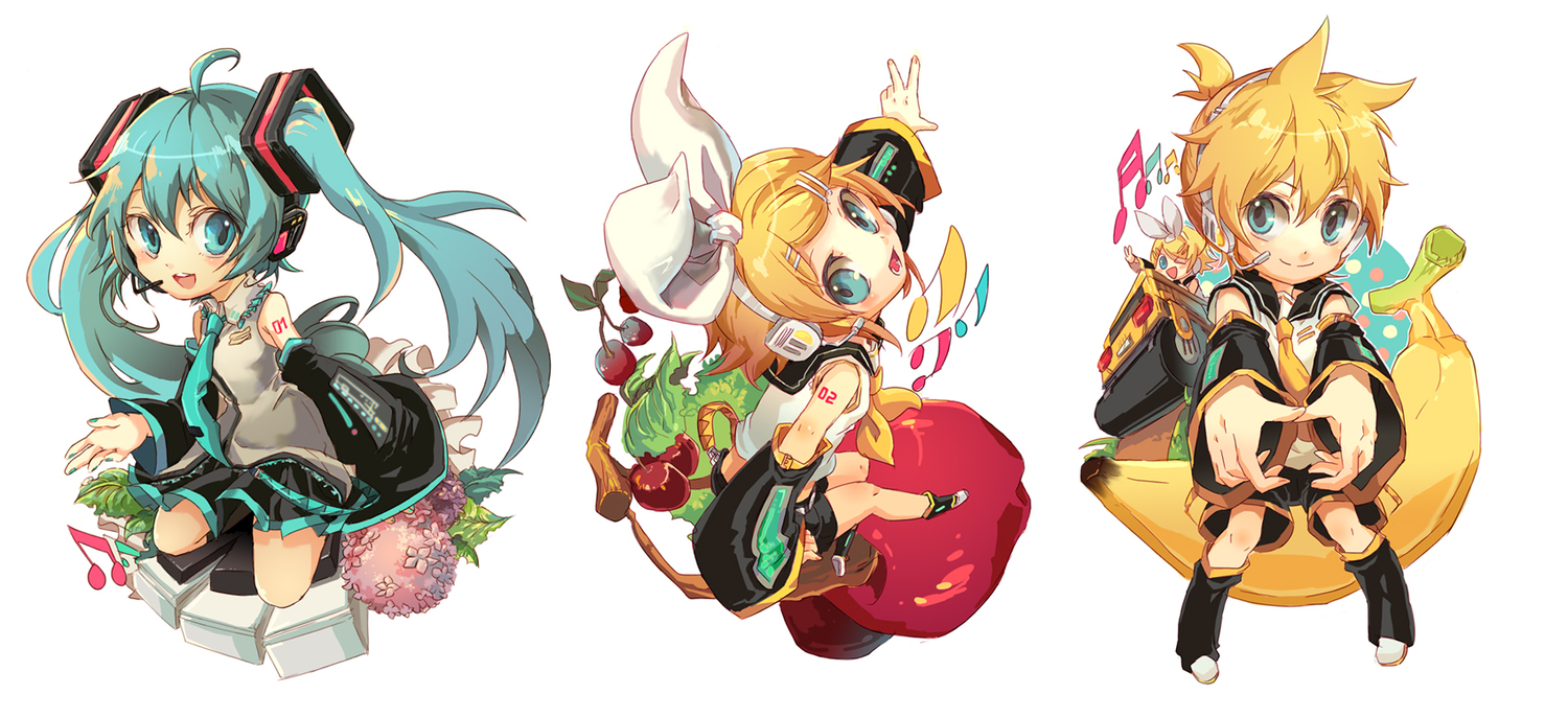 food, fruit, hatsune_miku, kagamine_len, kagamine_rin, male, vocaloid, welchino