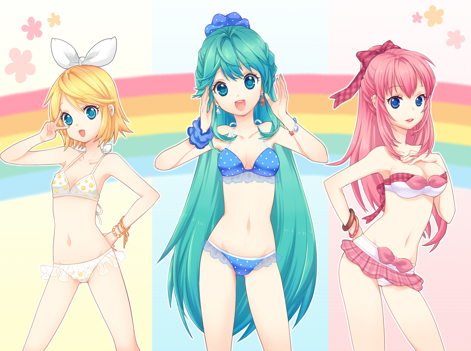 bikini, bittersweet_(dalcoms), hatsune_miku, kagamine_rin, megurine_luka, swimsuit, vocaloid