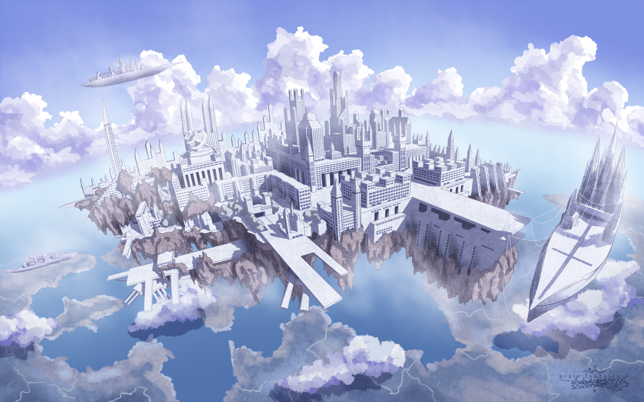 aircraft, building, city, clouds, langjiao, no_humans, original, pixiv_fantasia