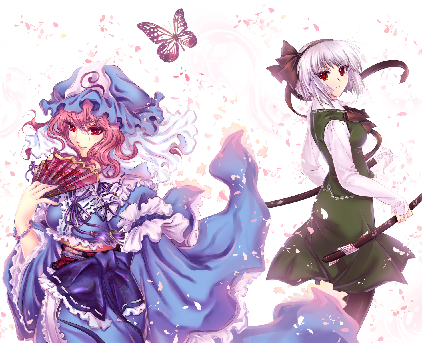 2girls, butterfly, fan, halodark, hat, katana, konpaku_youmu, myon