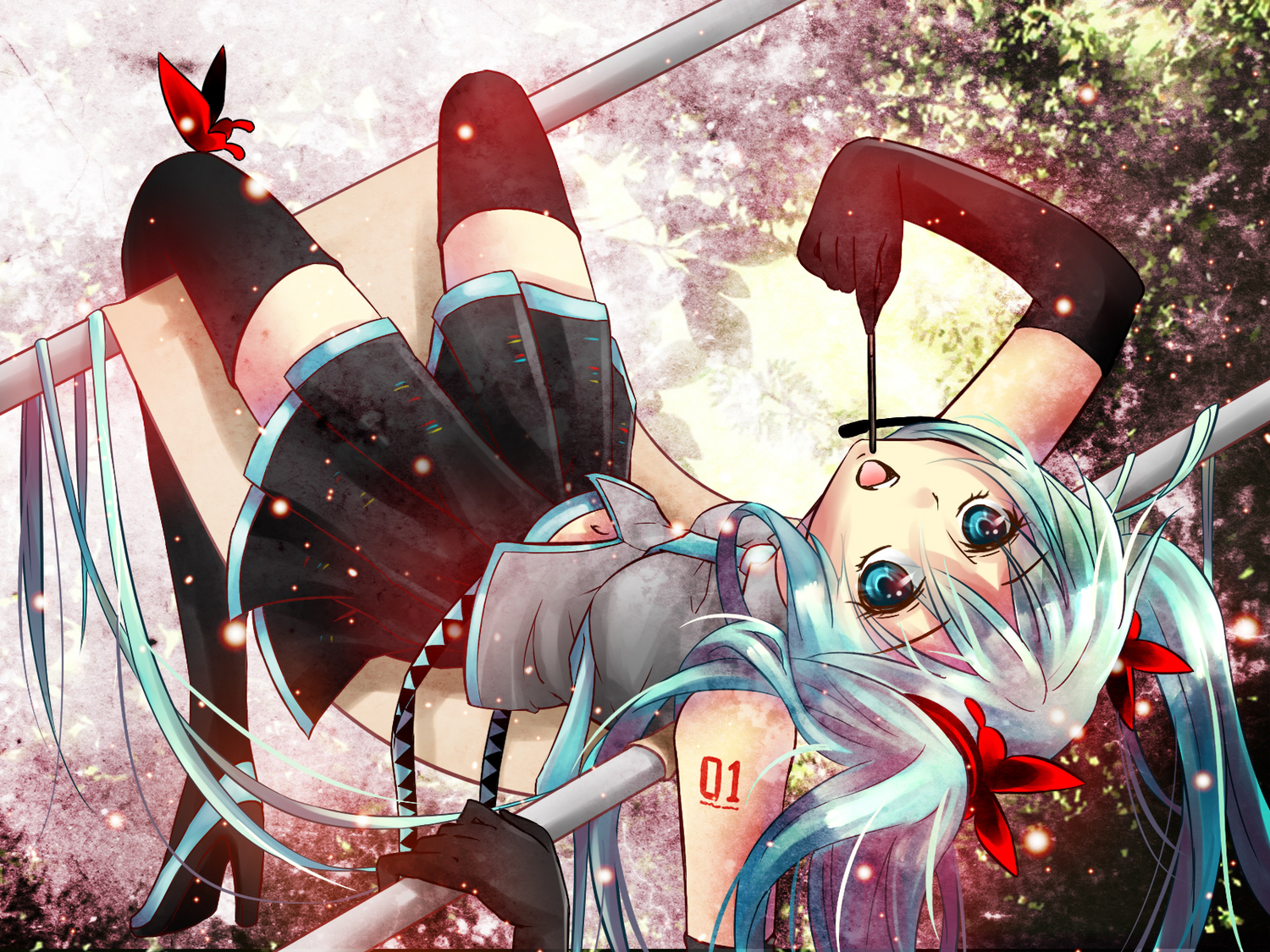 elbow_gloves, food, gloves, green_eyes, green_hair, hatsune_miku, long_hair, pocky, ranyun, thighhighs, twintails, vocaloid