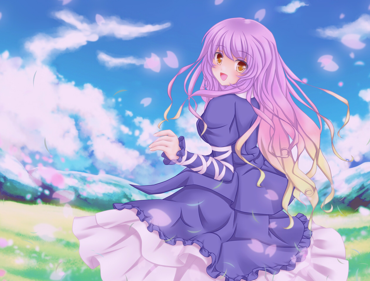 dress, hijiri_byakuren, nekokotei, petals, purple_hair, touhou